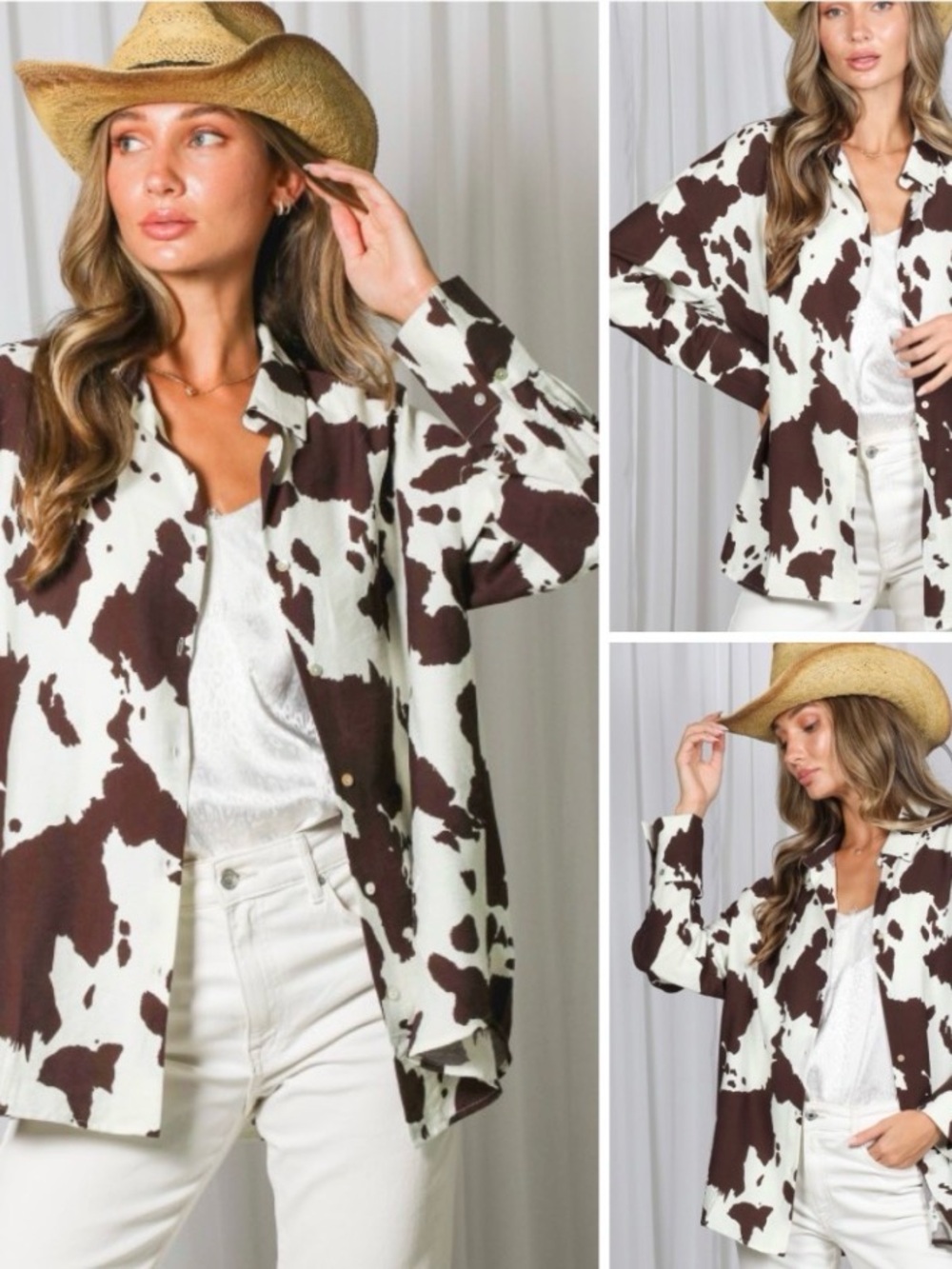 Cow Print Button-Up Shirt in Brown & White